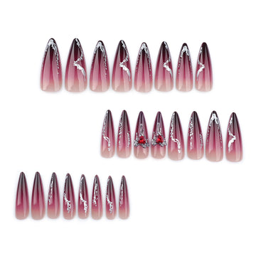 24Pcs Black Red Gradient Fake Nails Wearable Long Almond Press on False Nail Glitter Diamond Nail Tips Dark Hottie Stick on Nail